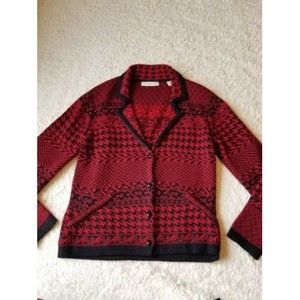 Coldwater Creek Wool Blend Long Sleeve Cardigan Top Houndstooth Red Black PS